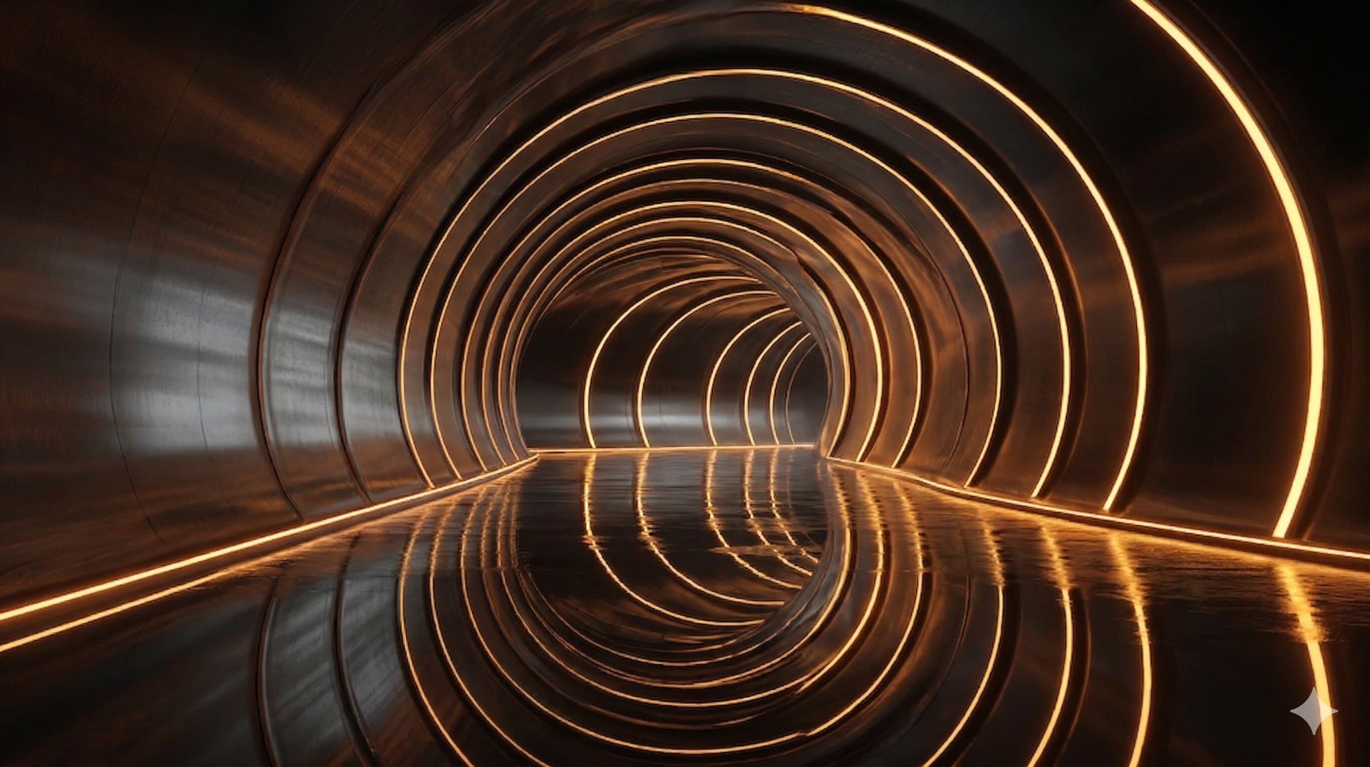 Tunnel mit orangen Lichtringen, gespiegelt auf nassem Boden