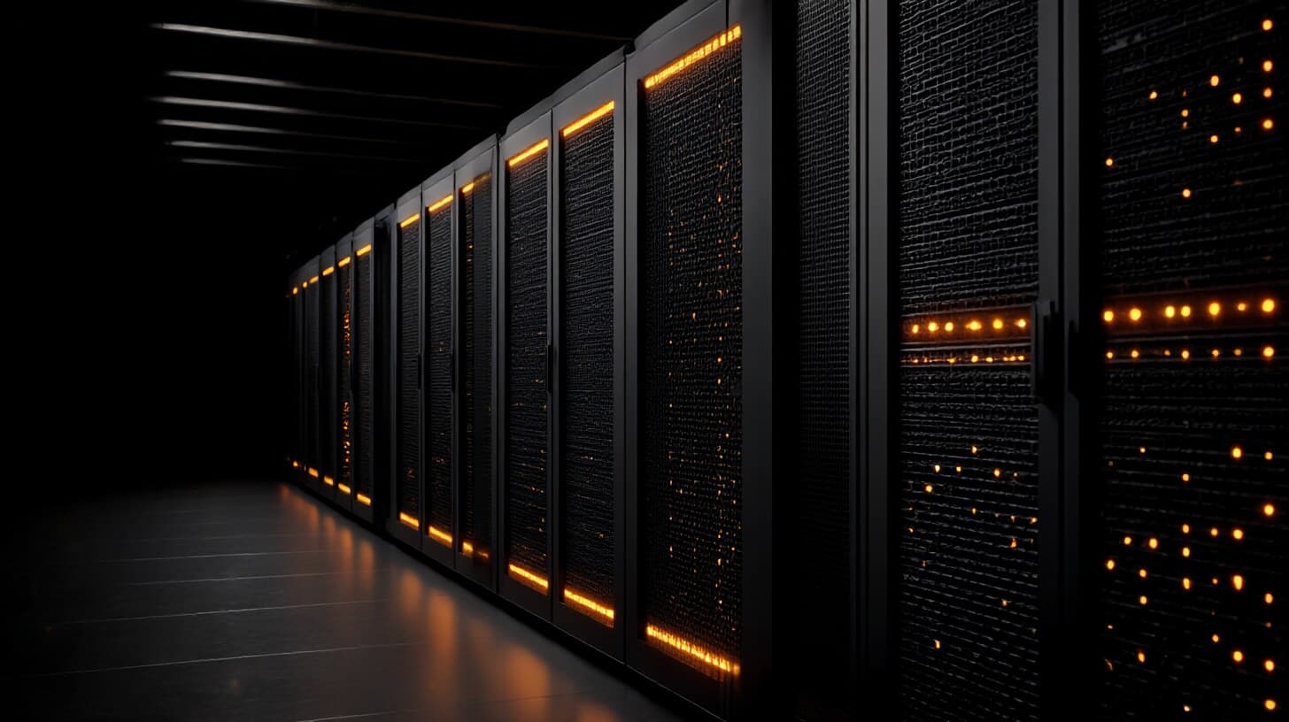 Korridor zwischen Reihen schwarzer Server-Racks mit orangen Status-LEDs