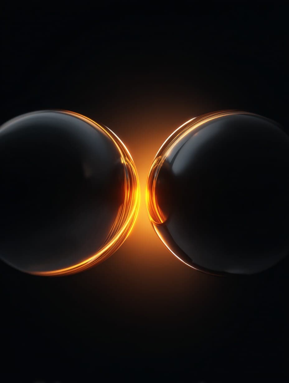 Zwei dunkle Kugeln mit orangem Lichtsaum