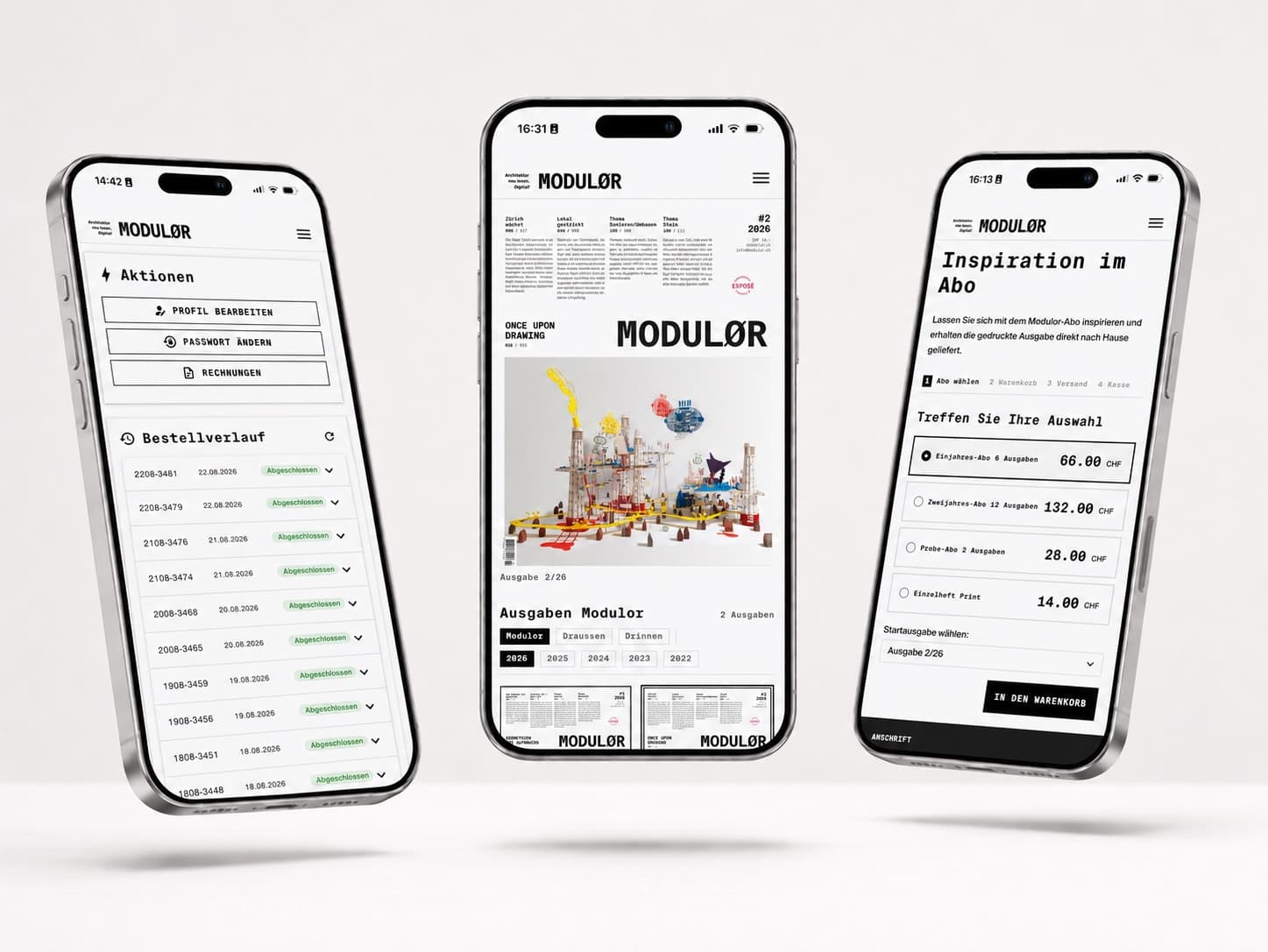 VerlagsSoftware von MODULØR auf drei Smartphones: Kundenkonto, Magazin-Ansicht und Abo-Auswahl