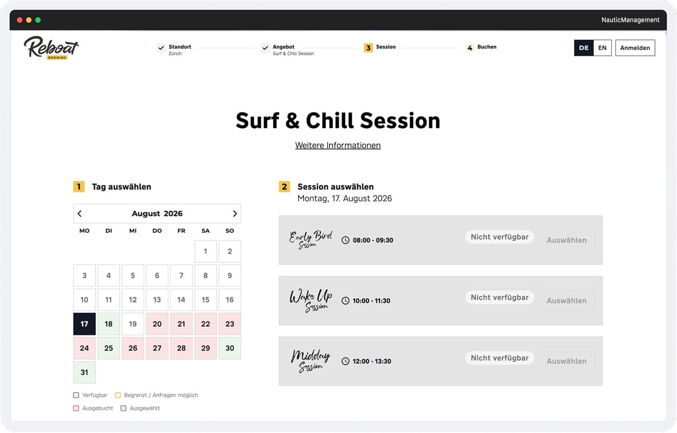 NauticCockpit: Buchungsansicht der Surf & Chill Session im Browser