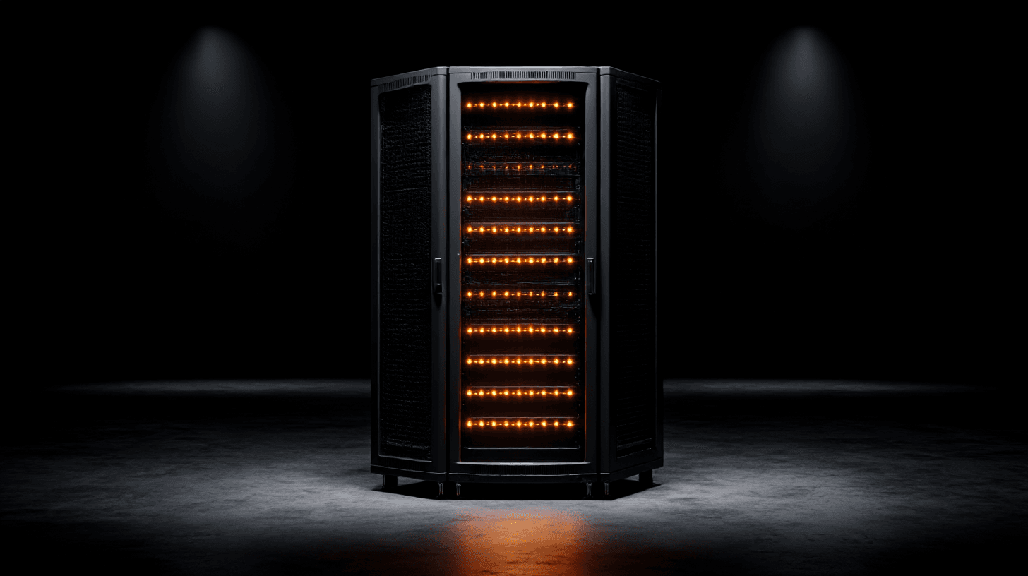 Schwarzes Server-Rack mit warmen Status-LEDs in dunklem Raum