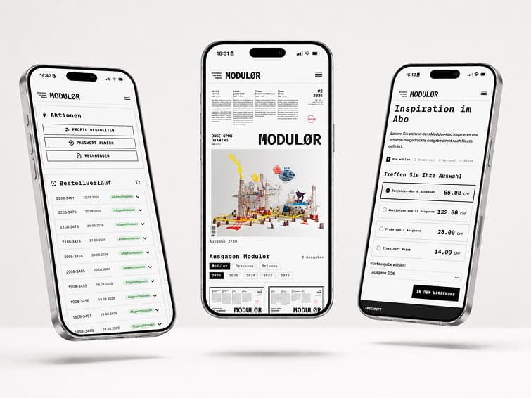 MODULØR-Shop auf drei Smartphones: Kundenkonto mit Bestellverlauf, Magazin-Startseite und Abo-Auswahl