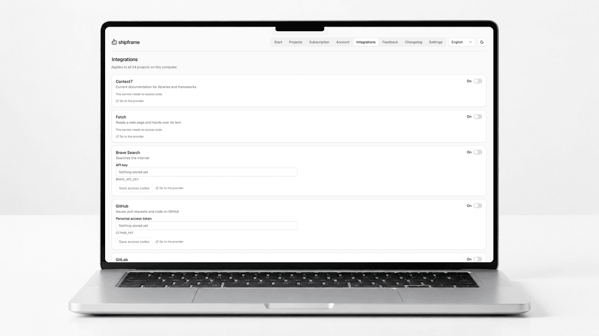 Shipframe auf einem Notebook: die Integrationen mit Diensten und Feldern für Zugangscodes