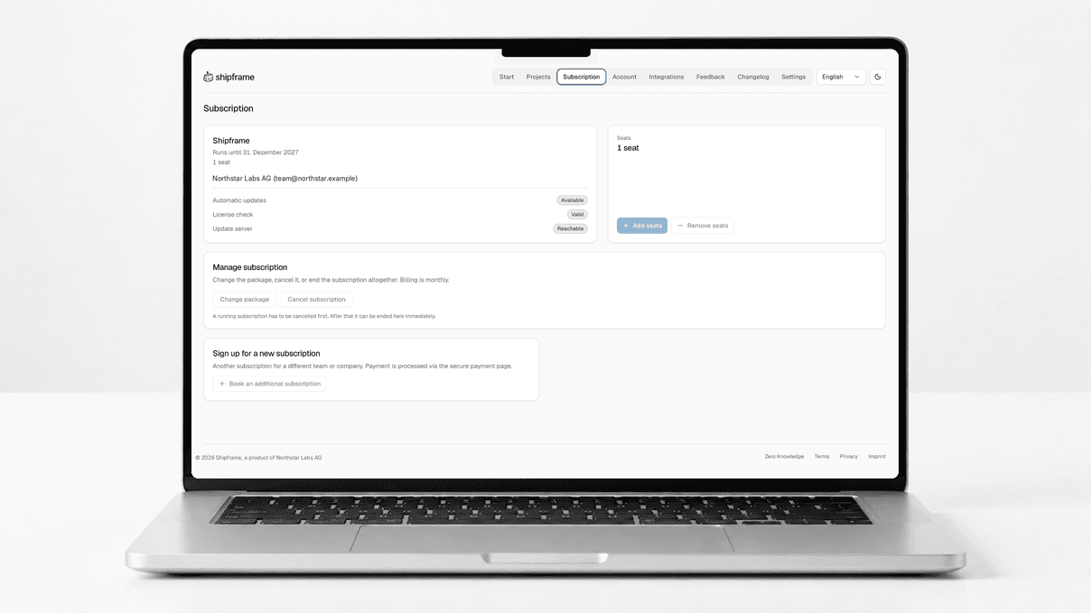 Shipframe auf einem Notebook: die Abo-Übersicht mit Lizenzprüfung und Arbeitsplätzen